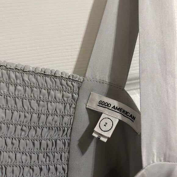 Good American Tank Top Silver Blue Double Bar Satin Cut Out Crop Smocked Medium - Picture 6 of 10